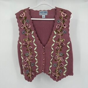 Women Cottagecore Embroidered Floral Knit Vest Size L Vintage Boho Folk Romantic